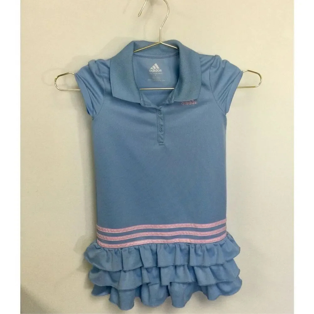 Adidas Girls Size 6 Polo Tennis Dress Blue Pink Ruffles Drop Waist Short Sleeves